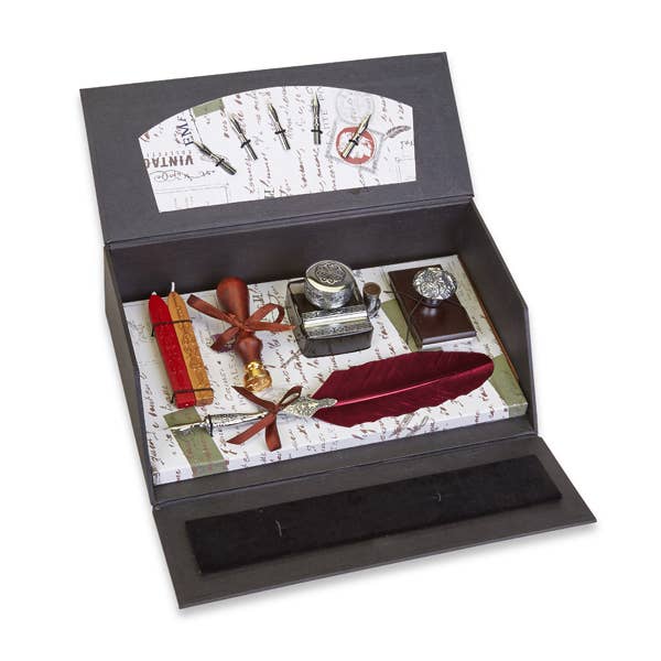 Ultimate Desk Writing Set with Quill Pen & Accessories: White Pen wth Fleur de Lis Stamp